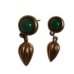 Avon Earrings Dangle with Jade Cabochon Goldtone Surgical Steel‎ Post 1992